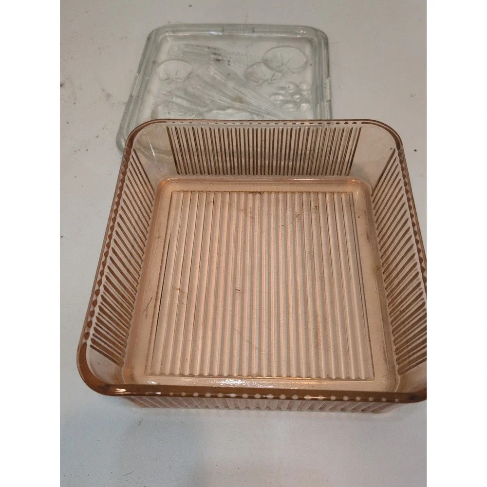 Pink Atlas Glass Vintage Glass Refrigerator Dish Embossed Vegetable + Lid